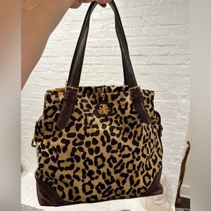 Tory Burch City Zip Tote Leopard Print and Brown Leather Tote Satchel